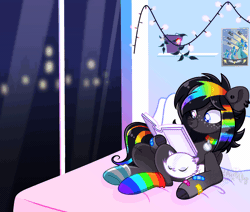 Size: 2000x1692 | Tagged: safe, artist:helithusvy, edit, oc, oc only, cat, pegasus, pony, animated, base used, bed, book, city, cityscape, clothes, commission, female, gif, mare, open book, pegasus oc, pet, rainbow socks, reading, shooting star, socks, striped socks, window, ych result