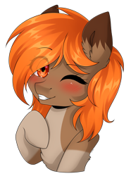 Size: 3295x4430 | Tagged: safe, artist:torihime, oc, oc only, oc:autumn breeze, earth pony, pony, blushing, brown coat, bust, chest fluff, coat markings, colored eartips, ear fluff, eye clipping through hair, eyebrows, eyebrows visible through hair, female, heart, heart eyes, looking at you, mare, one eye closed, orange eyes, orange mane, pale belly, simple background, smiling, smiling at you, socks (coat markings), solo, transparent background, wingding eyes, wink, winking at you