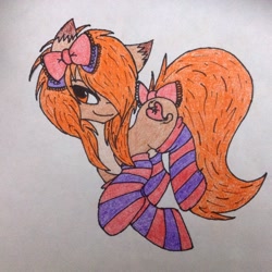 Size: 1936x1936 | Tagged: safe, oc, oc only, oc:autumn breeze, earth pony, pony, bow, clothes, female, hair bow, mare, socks, solo, striped socks, traditional art
