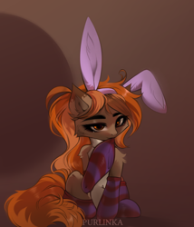 Size: 3000x3500 | Tagged: safe, artist:purlinka, oc, oc only, oc:autumn breeze, earth pony, pony, bunny ears, clothes, high res, socks, solo, striped socks