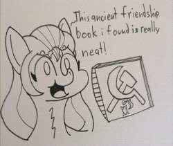 Size: 3000x2529 | Tagged: safe, artist:spoopygirl, sunny starscout, earth pony, pony, g5, book, communism, dialogue, female, hammer and sickle, high res, implied starlight glimmer, lineart, mare, open mouth, open smile, smiling, solo, stalin glimmer, this will end in communism, traditional art