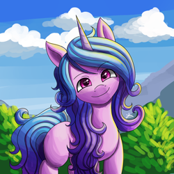 Size: 1500x1500 | Tagged: safe, artist:zachc, izzy moonbow, pony, unicorn, g5, cloud, female, looking at you, mare, outdoors, sky, smiling, smiling at you, solo