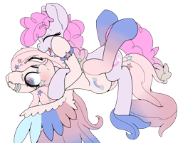 Size: 2757x2221 | Tagged: safe, artist:gnashie, oc, oc only, oc:crystal star, oc:glitter sketch, earth pony, pegasus, pony, blushing, bracelet, clothes, colored wings, duo, ear piercing, earring, earth pony oc, eyes closed, gradient eyes, gradient mane, happy, high res, jewelry, looking away, lying down, on back, open mouth, pegasus oc, piercing, redraw, simple background, socks, tackle hug, transparent background, wings
