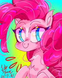Size: 1080x1350 | Tagged: safe, artist:jully-park, derpibooru exclusive, pinkie pie, earth pony, pony, g4, curly hair, female, pinkamena diane pie, rainbow, signature, simple background, smiling, solo