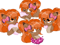 Size: 1841x1382 | Tagged: safe, artist:nackliza, oc, oc only, oc:autumn breeze, earth pony, pony, bow, hair bow, heart, heart pillow, hearts and hooves day, pillow, simple background, solo, tongue out, white background