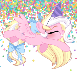 Size: 2732x2499 | Tagged: safe, artist:emberslament, oc, oc only, oc:bay breeze, pegasus, pony, blushing, bow, confetti, cute, eyes closed, female, hair bow, hat, high res, long mane, mare, party hat, pegasus oc, simple background, smiling, solo, tail, tail bow, transparent background, wings