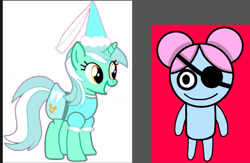 Size: 1406x919 | Tagged: safe, artist:darlycatmake, lyra heartstrings, pony, unicorn, g4, clothes, crossover, dress, eyepatch, good end, hair bun, happy, hat, hennin, looking at each other, looking at someone, pibby, princess, princess lyra heartstrings, smiling, smiling at each other