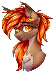 Size: 2148x2856 | Tagged: safe, artist:goddamncat, oc, oc only, oc:autumn breeze, earth pony, pony, brown coat, bust, chest fluff, colored eartips, ear fluff, ear tufts, eyebrows, eyebrows visible through hair, female, hair over one eye, high res, looking at you, mare, orange eyes, orange mane, pale belly, simple background, smiling, smiling at you, solo, transparent background