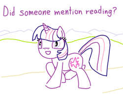 Size: 1300x1000 | Tagged: safe, artist:purblehoers, twilight sparkle, pony, unicorn, g4, book, bookhorse, female, grass, grass field, mare, mountain, mountain range, ms paint, path, question, smiling, solo, text, that pony sure does love books, unicorn twilight, walking