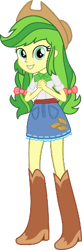 Size: 163x500 | Tagged: safe, apple fritter, human, equestria girls, g4, apple family member, belt, boots, clothes, cowboy boots, cowboy hat, cowgirl, denim, denim skirt, equestria girls-ified, hat, high heel boots, pigtails, shirt, shoes, simple background, skirt, solo, stetson, transparent background