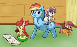 Size: 1247x767 | Tagged: safe, artist:scootieloo, apple bloom, rainbow dash, scootaloo, sweetie belle, earth pony, pegasus, pony, unicorn, g4, apple, babysitting, blank flank, book, bowl, cutie mark crusaders, female, filly, foal, food, herbivore, mare, ponies riding ponies, pulling, riding, sweetie belle riding rainbow dash, tail, tail pull, tongue out