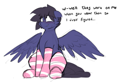 Size: 964x656 | Tagged: safe, artist:anonymous, oc, oc only, oc:fenris ebonyglow, pegasus, pony, blushing, clothes, male, simple background, sketch, socks, solo, spread wings, stallion, striped socks, white background, wings