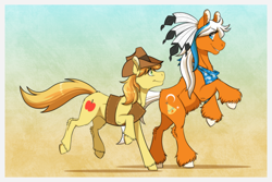 Size: 1772x1181 | Tagged: safe, artist:inuhoshi-to-darkpen, braeburn, wigwam, earth pony, pony, g4, brother, commission, cowboy hat, duo, duo male, ear fluff, eye clipping through hair, eyebrows, eyebrows visible through hair, grin, hat, leg fluff, male, smiling, stallion