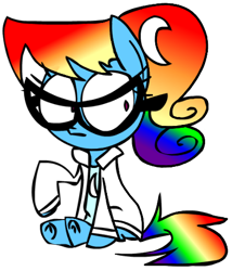 Size: 396x463 | Tagged: safe, artist:mushroomcookiebear, rainbow dash, pegasus, pony, g4, ashleigh ball, clothes, crossover, egghead dash, female, glasses, johnny test, lab coat, mare, mary test, moon, multicolored hair, rainbow dash always dresses in style, rainbow hair, shirt, simple background, sitting, transparent background, voice actor joke