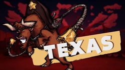 Size: 1262x710 | Tagged: safe, texas (tfh), bull, cow, them's fightin' herds, announcement, bell, cloven hooves, community related, cowbell, grin, horns, male, rope, smiling, solo, sparkles, yoke