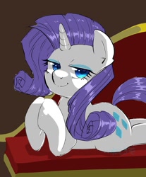 Size: 993x1200 | Tagged: safe, artist:yukkuri_yu_yu, rarity, pony, unicorn, g4, couch, fainting couch, female, hooves together, horn, looking at you, lying down, mare, prone, simple background, solo