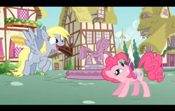 Size: 1536x977 | Tagged: safe, derpy hooves, pinkie pie, earth pony, pegasus, pony, g4, duo, friday night funkin', happy, having fun, looking at each other, looking at someone, open mouth, playing, ponyville, smiling, youtuber:androsonic2
