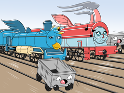 Size: 3600x2700 | Tagged: safe, artist:heart-of-a-dragoness, gallus, ocellus, g4, commission, freight car, high res, inanimate tf, steam, steam engine, story included, train, trainified, transformation, truck, vehicle, waking up