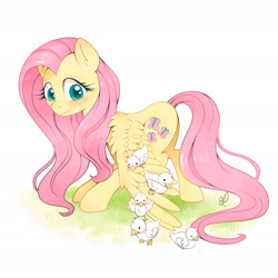Size: 2358x2358 | Tagged: safe, artist:divlight, fluttershy, bird, duck, pegasus, pony, g4, cute, duckling, female, grass, high res, kindness, looking at something, mare, shyabetes, simple background, solo, spread wings, white background, wings