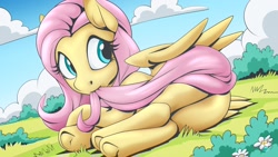 Size: 1920x1080 | Tagged: safe, artist:mysticalpha, fluttershy, pegasus, pony, biting, butt, flutterbutt, folded wings, looking at you, looking back, looking back at you, lying down, nom, on side, outdoors, plot, prone, rear view, solo, tail, tail bite, underhoof, wings