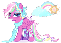 Size: 2709x1896 | Tagged: safe, artist:gihhbloonde, oc, pegasus, pony, base used, blue eyes, body markings, clothes, eyeshadow, female, folded wings, grin, long tail, looking at you, magical lesbian spawn, makeup, mare, offspring, parent:clear sky, parent:rainbow dash, parents:cleardash, pegasus oc, scarf, simple background, smiling, smiling at you, solo, standing, tail, transparent background, wings