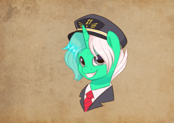 Size: 4961x3508 | Tagged: safe, artist:haruh_ink, oc, oc only, oc:colarus, pony, unicorn, bust, commission, hat, headshot commission, necktie, not lyra, simple background, smiling, solo