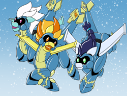 Size: 3600x2700 | Tagged: safe, artist:heart-of-a-dragoness, fleetfoot, soarin', spitfire, pony, robot, robot pony, g4, commission, glide, high res, roboticization, rule 63, story included, trio, wonderbolts
