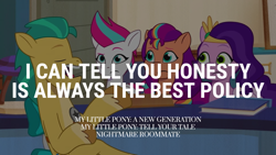 Size: 1920x1080 | Tagged: safe, edit, edited screencap, editor:quoterific, screencap, hitch trailblazer, pipp petals, sunny starscout, zipp storm, earth pony, pegasus, pony, g5, my little pony: tell your tale, nightmare roommate, spoiler:g5, spoiler:my little pony: tell your tale, eyes closed, female, male, mane stripe sunny, mare, open mouth, stallion, text