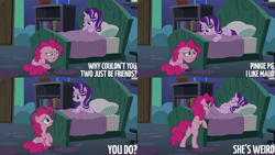 Size: 4400x2475 | Tagged: safe, edit, edited screencap, editor:quoterific, screencap, pinkie pie, starlight glimmer, earth pony, pony, unicorn, g4, rock solid friendship, season 7, bed, bipedal, blanket, crying, duo, duo female, eyes closed, female, floppy ears, mare, open mouth, open smile, pillow, smiling, text