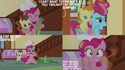 Size: 4400x2475 | Tagged: safe, edit, edited screencap, editor:quoterific, screencap, cup cake, gummy, pinkie pie, pound cake, pumpkin cake, alligator, earth pony, pegasus, pony, unicorn, g4, season 5, the one where pinkie pie knows, ^^, baby, baby pony, cake twins, colt, cute, diapinkes, eyes closed, female, filly, flying, foal, lip bite, male, mare, open mouth, open smile, siblings, smiling, spread wings, sugarcube corner, text, twins, wings
