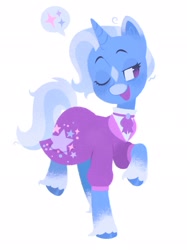 Size: 1535x2048 | Tagged: safe, artist:chaymomile, trixie, pony, unicorn, g4, the last problem, clothes, coat markings, facial markings, female, mare, older, older trixie, one eye closed, simple background, smiling, snip (coat marking), socks (coat markings), solo, standing on two hooves, star (coat marking), unshorn fetlocks, white background, wink