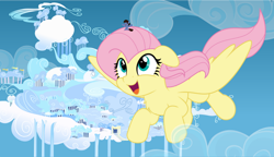 Size: 800x460 | Tagged: safe, artist:jhayarr23, fluttershy, oc, pony, g4, cloudsdale, cute, duo, female, flying, giant pony, giantess, giantshy, macro, micro, shyabetes