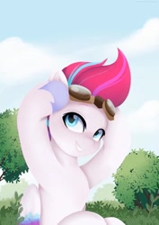 Size: 1086x1536 | Tagged: safe, artist:cottonaime, artist:maren, zipp storm, pegasus, pony, g5, collaboration, eyebrows, female, goggles, grin, mare, smiling, solo