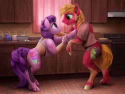 Size: 2000x1500 | Tagged: safe, artist:geoffrey mcdermott, big macintosh, sugar belle, earth pony, pony, unicorn, g4, bra, cabinet, clothes, clothes falling off, duo, duo male and female, egg, female, horn, human to pony, kitchen, male, mare, mid-transformation, ship:sugarmac, shipping, shirt, stallion, stove, straight, torn clothes, transformation, underwear