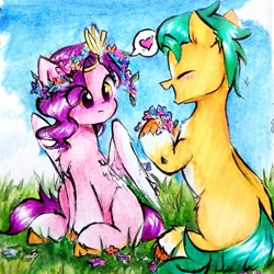 Size: 2125x2125 | Tagged: safe, artist:liaaqila, hitch trailblazer, pipp petals, earth pony, pegasus, pony, g5, adorapipp, blushing, chest fluff, commission, cute, duo, duo male and female, eye clipping through hair, eyes closed, female, floral head wreath, flower, flower in hair, grass, headband, heart, high res, hitchbetes, male, mare, open mouth, partially open wings, raised hoof, ship:pitch, shipping, sitting, speech bubble, stallion, straight, traditional art, unshorn fetlocks, wings