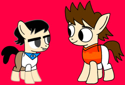 Size: 1482x1006 | Tagged: safe, artist:darlycatmake, earth pony, pony, brothers, bucktooth, clothes, duo, duo male, female, filly, foal, half-siblings, happy, kids, looking at each other, looking at someone, male, pants, ponified, red background, siblings, simple background, smiling, smiling at each other, species swap, valentino calavera, victor and valentino, victor calavera