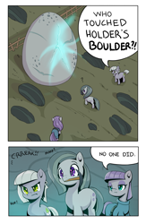 Size: 2008x3071 | Tagged: safe, artist:ahobobo, limestone pie, marble pie, maud pie, earth pony, pony, series:holders boulder (ahobobo), g4, comic, egg, female, high res, holder's boulder, mare, mouth hold, pickaxe, question mark, rock, trio