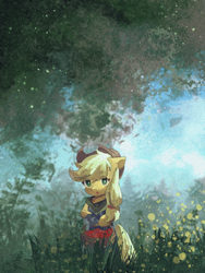Size: 1620x2160 | Tagged: safe, artist:lendftcn, applejack, earth pony, semi-anthro, g4, :o, apple, applejack's hat, arm hooves, basket, clothes, cowboy hat, eye clipping through hair, female, film grain, food, grass, hat, hoof hold, looking at you, mare, open mouth, solo, tree