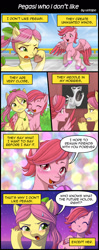 Size: 800x2020 | Tagged: safe, artist:uotapo, posey bloom, windy, earth pony, pegasus, pony, g5, ^^, anakin skywalker, beanie, beret, blushing, bow, chest fluff, comic, dialogue, duo, duo female, eyes closed, female, frenemies, hair bow, hat, jewelry, lesbian, mare, necklace, one eye closed, open mouth, open smile, personal space invasion, ship:poseywind, shipping, smiling, speech bubble, star wars, star wars: attack of the clones, sweat, sweatdrop, tail, tail bow, tsundeposey, tsundere, unshorn fetlocks, wind, windswept mane