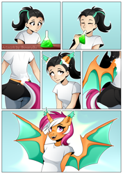 Size: 2480x3508 | Tagged: safe, artist:buvanybu, oc, oc only, oc:lyra heartscoota, alicorn, bat pony, bat pony alicorn, human, anthro, bat pony oc, bat wings, comic, female, high res, horn, human to anthro, potion, solo, transformation, transformation sequence, wings