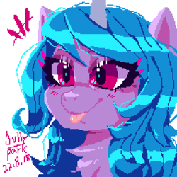 Size: 1536x1536 | Tagged: safe, artist:jully-park, izzy moonbow, pony, unicorn, g5, my little pony: a new generation, my little pony: tell your tale, female, mare, pixel art, simple background, smiling, solo, white background