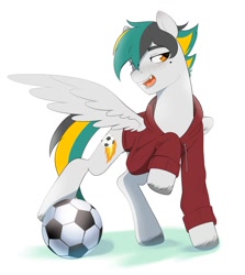 Size: 1068x1200 | Tagged: safe, artist:aztrial, oc, oc only, pegasus, pony, clothes, football, hair over one eye, hoodie, lidded eyes, looking at you, simple background, solo, sports, spread wings, white background, wings