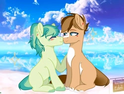 Size: 720x548 | Tagged: safe, artist:rigel wushu, oc, oc only, oc:cooper pine, oc:matcha cream, earth pony, pony, beach, blushing, cloud, coat markings, duo, ear fluff, eyes closed, looking at someone, oc x oc, pale belly, shipping, white belly