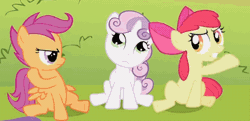 Size: 700x339 | Tagged: safe, screencap, apple bloom, scootaloo, sweetie belle, earth pony, pegasus, pony, unicorn, g4, lesson zero, season 2, animated, brother and sister, cutie mark crusaders, female, filly, foal, gif, innocent, male, siblings, surprised