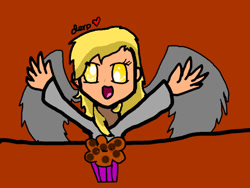 Size: 800x600 | Tagged: safe, artist:derpyhoovesmuffinnom, derpy hooves, human, g4, brown background, clothes, derp, female, food, hands in the air, heart, humanized, muffin, shirt, simple background, smiling, spread wings, table, text, winged humanization, wings