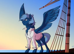 Size: 1046x764 | Tagged: safe, artist:ink potts, oc, oc:blue shadow, pegasus, pony, clothes, ship, solo, spread wings, wings
