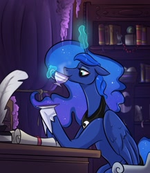 Size: 1212x1397 | Tagged: safe, artist:smirk, princess luna, alicorn, pony, g4, bags under eyes, book, bookshelf, commission, cup, desk, ethereal mane, ethereal tail, female, finished commission, floppy ears, glowing, glowing horn, hoof shoes, horn, lavender, magic, magic aura, mare, missing accessory, peytral, princess shoes, quill, scroll, sitting, slender, solo, study, tail, teacup, telekinesis, thin, tired, wing fluff, wings