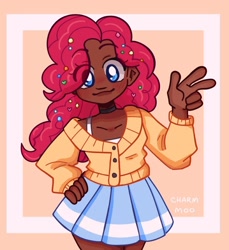 Size: 1230x1342 | Tagged: safe, artist:charmmoo, pinkie pie, human, g4, bra, bra strap, cartoony, clothes, dark skin, female, hand on hip, humanized, looking at you, peace sign, simple background, skirt, solo, underwear