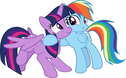 Size: 10430x6473 | Tagged: safe, artist:sollace, derpibooru exclusive, rainbow dash, twilight sparkle, alicorn, pegasus, pony, g4, stranger than fan fiction, .svg available, cute, duo, duo female, female, full body, hug, looking at each other, looking at someone, mare, scrunchy face, simple background, smiling, transparent background, twilight sparkle (alicorn), vector