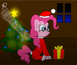 Size: 977x816 | Tagged: safe, artist:lifepaint, pinkie pie, earth pony, pony, g4, christmas, christmas lights, christmas tree, clothes, costume, female, hat, holiday, mare, night, present, santa claus, santa costume, santa hat, signature, sitting, smiling, solo, stars, text, tree, window